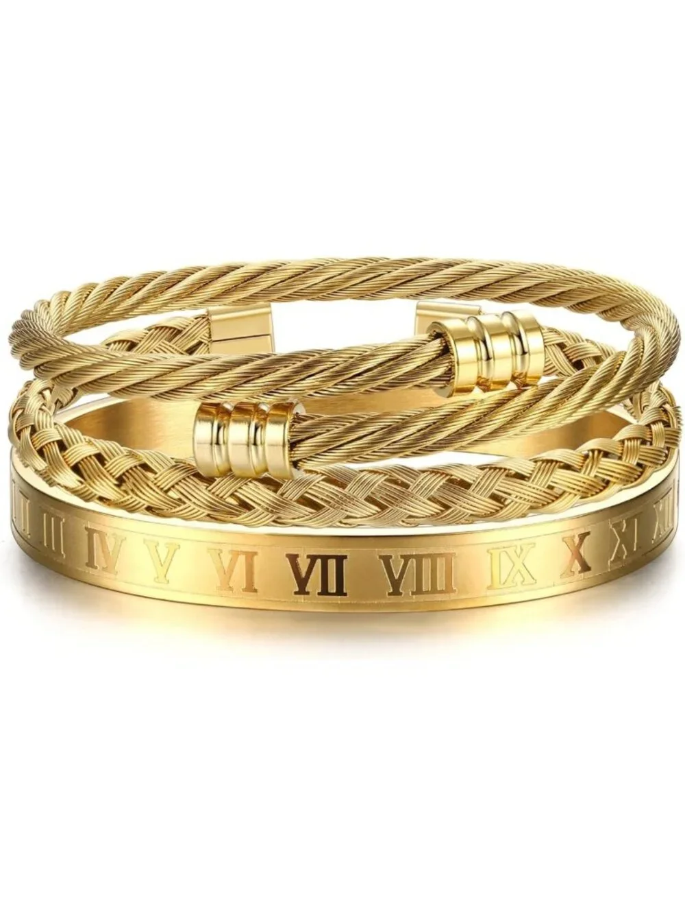 3Pcs Men's Stainless Steel Bracelets - Adjustable Roman Numeral & Twisted Cable